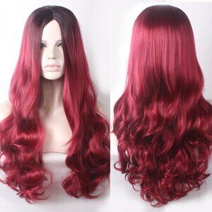 Red 26" Synthetic Hair Full Wigs Natural Long Wavy Wig Heat Resistant
